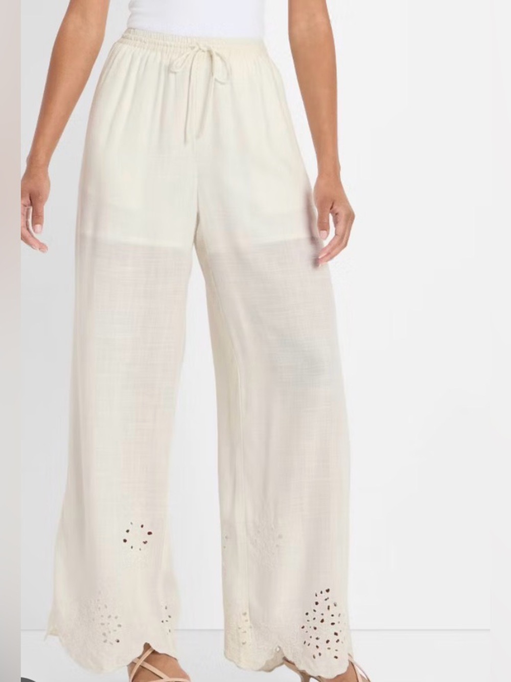 Future Collective High Waist Wide Leg Eyelet Scallop Hem Pants | Cream | XS